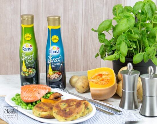 Kartoffeltaler mit Wildlachsfilet, Erbsen & Butternut-Kürbis