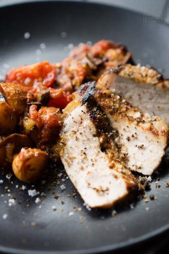 Dry Aged Lummersteak mit Kartoffel-Auberginen-Tomaten Ragout