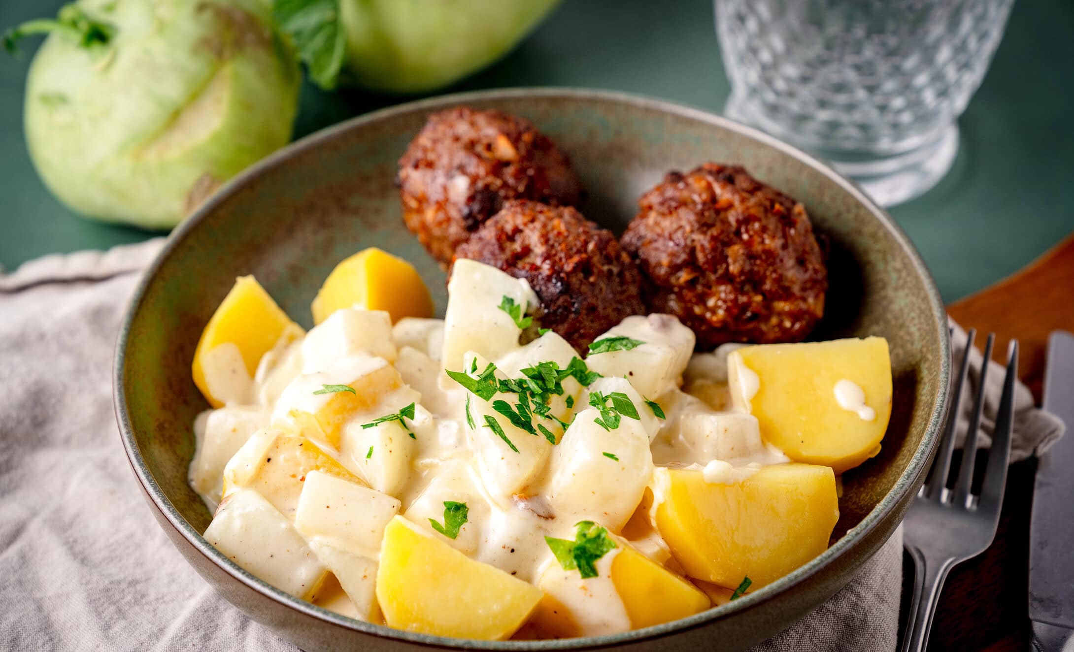 Rahm Kohlrabi mit Salzkartoffeln und Frikadellen auf einem grünen Teller auf grünem Untergrund.